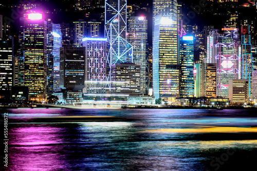 Night view of Hong Kong and moving light trails of boats; Hong Kong, Hong Kong Special Administrative Region (SAR), Hong Kong photo