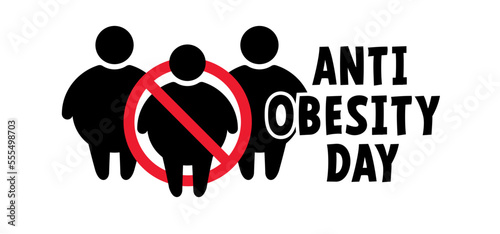 Cartoon world obesity day or celebration. Obese people on unhealthy with BMI, overweight, obesity problem. Fat, calories man or woman. Body mass index. Causes of the disease. Stop, no ban sign