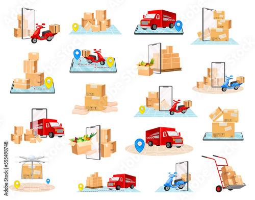 Fototapeta Naklejka Na Ścianę i Meble -  Delivery and Shipment Service with Parcel, Cardboard Box and Transport Big Vector Set