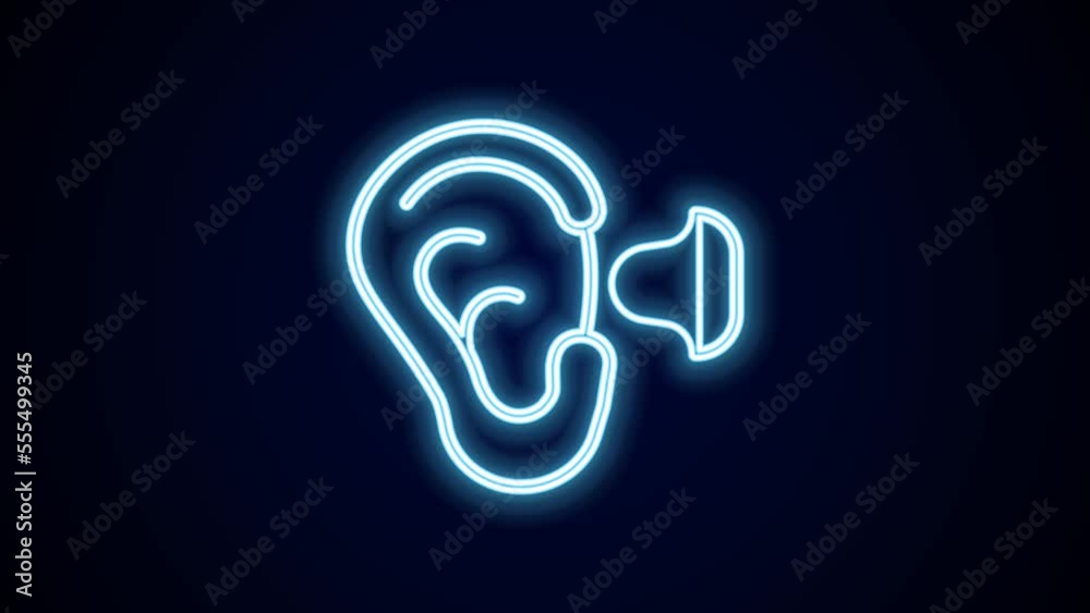 Glowing neon line Earplugs and ear icon isolated on black background. Ear plug sign. Noise symbol. Sleeping quality concept. 4K Video motion graphic animation Glowing neon line Earplugs and ear icon isolated on black background. Ear plug sign. Noise symbol. Sleeping quality concept. 4K Video motion graphic animation