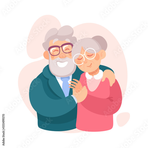 Embracing Senior Man and Woman Loving and Feeling Happy Vector Illustration