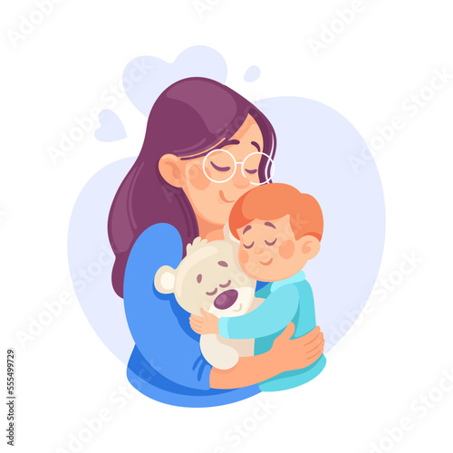 Embracing Mom and Son Loving and Feeling Happy Vector Illustration