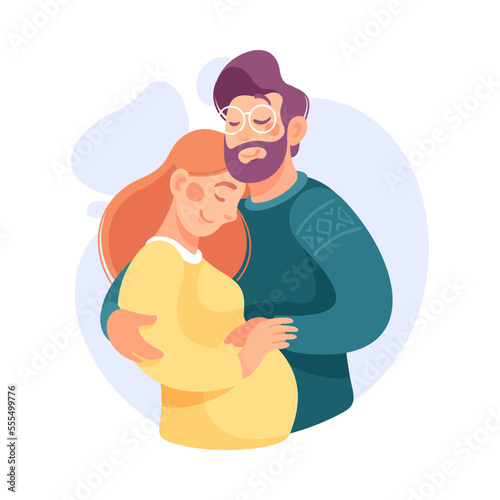 Embracing Bearded Man and Pregnant Woman Loving and Feeling Happy Vector Illustration