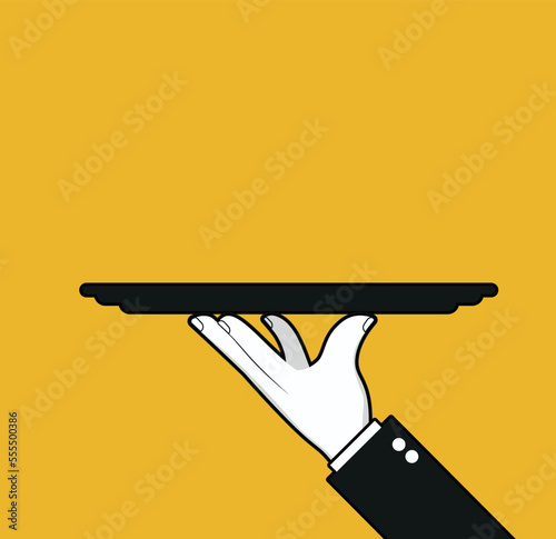 Waiter hand holding tray. Restaurant service. Vector illustration isolated on yellow background