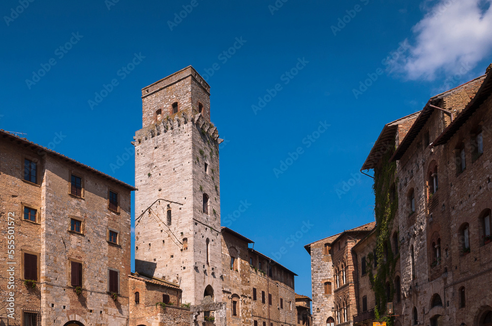 Tower and Buildings, Piazza della Cisterna, San Gimignano, Province of Siena, Tuscany, Italy Tower and Buildings, Piazza della Cisterna, San Gimignano, Province of Siena, Tuscany, Italy