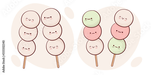 Draw funny kawaii Japan tradition sweet dango  vector illustration. Japanese asian traditional  food, cooking, menu concept.  Doodle cartoon style.