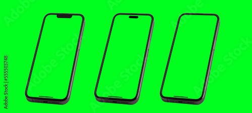 Studio shot of mobile phone or smartphone with green screen in vertical position isolated on background. Mock up mobile for Infographic Global Business web site design app - Clipping Path