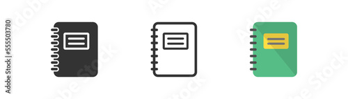 Sheet notebook icon on light background with shadow in circle. Line, black and colored style. Sketcbook symbol. Green personal workbook, exercise book sign. Flat minimal design.