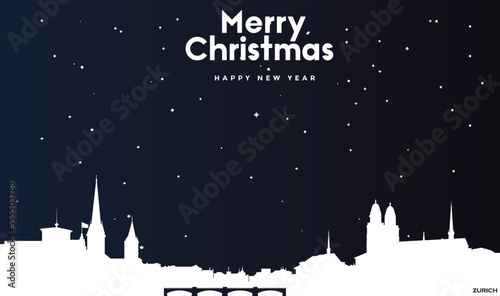 Christmas and New year dark blue greeting card with white panorama of Zurich