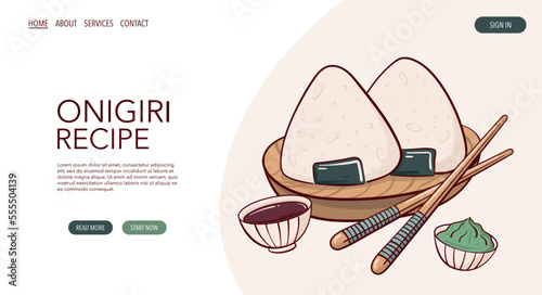 Web Page Draw Japanese onigiri rice balls with nori vector illustration. Japanese asian food, cooking, menu concept. Banner, website, advertising in doodle cartoon style..