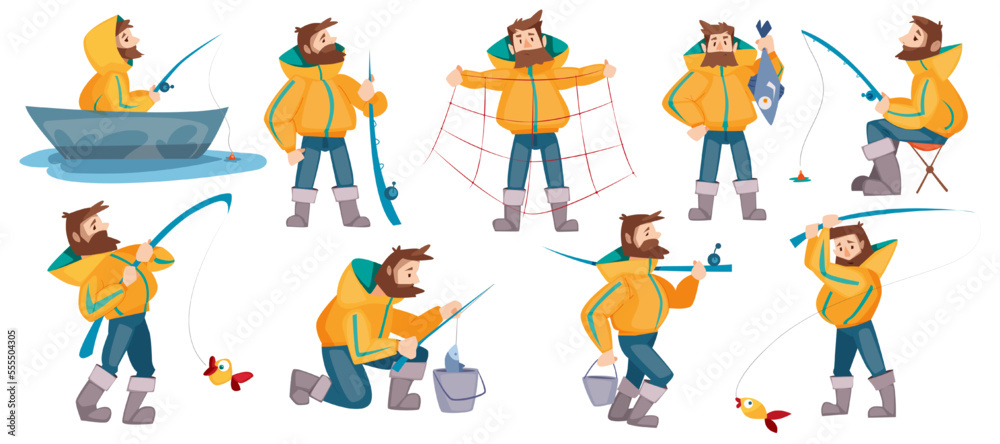 Fototapeta premium Bearded Fisherman Capturing Fish with Rod and Net on Boat in Pond Vector Set