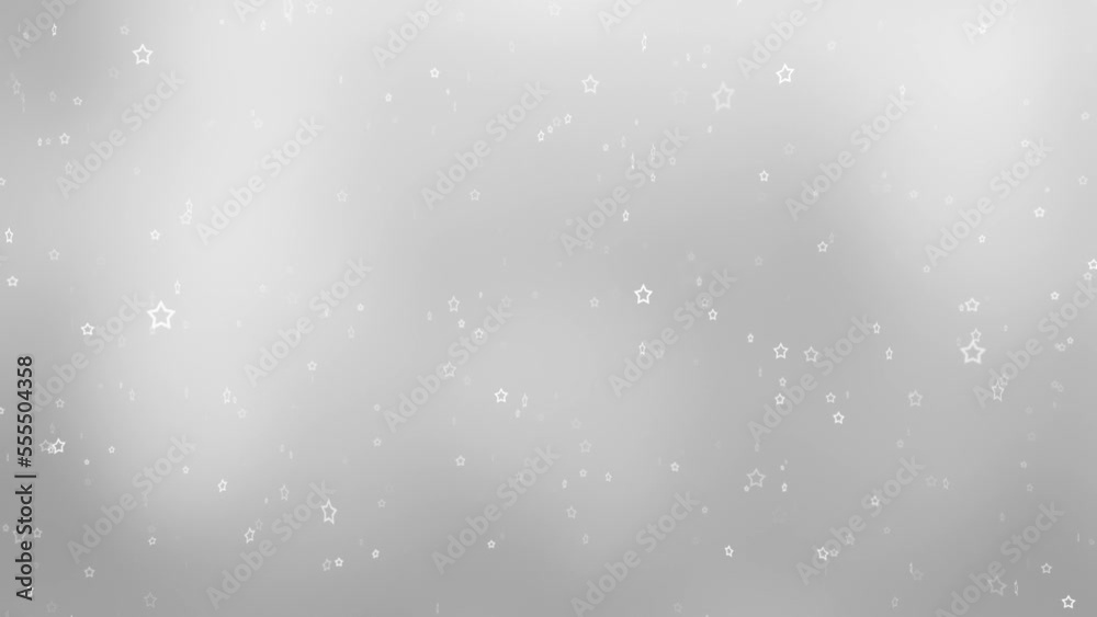 Slow motion white stars looping motion on shine silver white copy space background. Slow motion white stars looping motion on shine silver white copy space background.