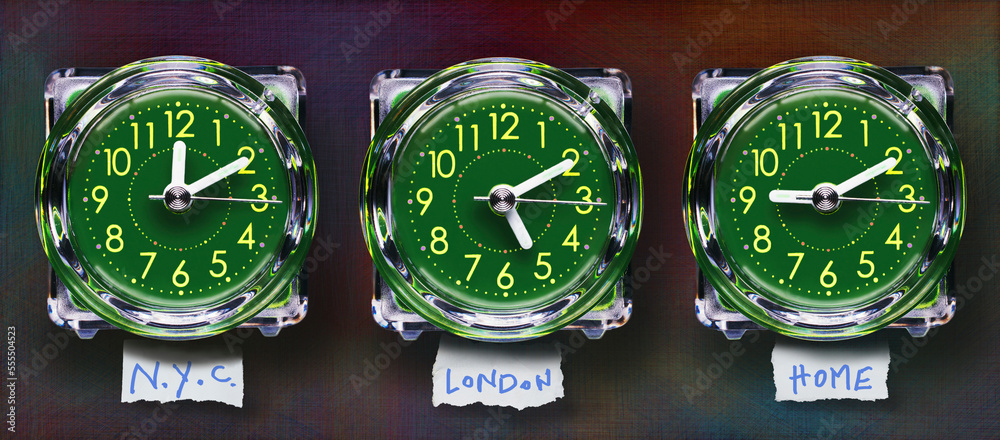 © Designpics - Panoramic of Three Plastic Clocks Showing Time Zones, Studio Shot © Designpics - Panoramic of Three Plastic Clocks Showing Time Zones, Studio Shot