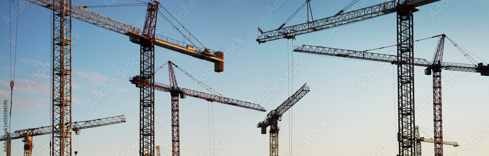 Panoramic of Multiple Heavy Duty Construction Cranes, Toronto, Ontario, Canada Panoramic of Multiple Heavy Duty Construction Cranes, Toronto, Ontario, Canada