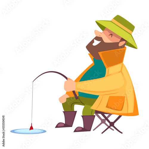 Bearded Fisherman Sitting on Chair and Capturing Fish with Rod in Hole Vector Illustration