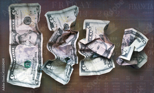 Multiple Image View of American Five Dollar Bill being Crumpled with Financial Report Background photo