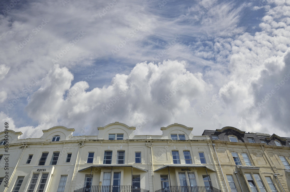 Low Angle View of Seaside Hotels, Weston Super Mare, England, UK Low Angle View of Seaside Hotels, Weston Super Mare, England, UK