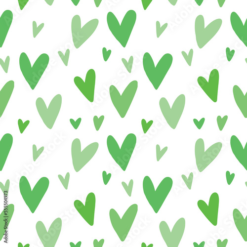 Seamless pattern with green hearts on white background. Simple doodle cartoon flat love concept for texture, wrapping paper, wallpaper. Concept of nature friendly, save planet, ecology, health