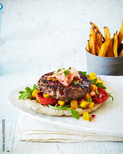 Fresh Burger With Sweet Potato Fries, studio shot