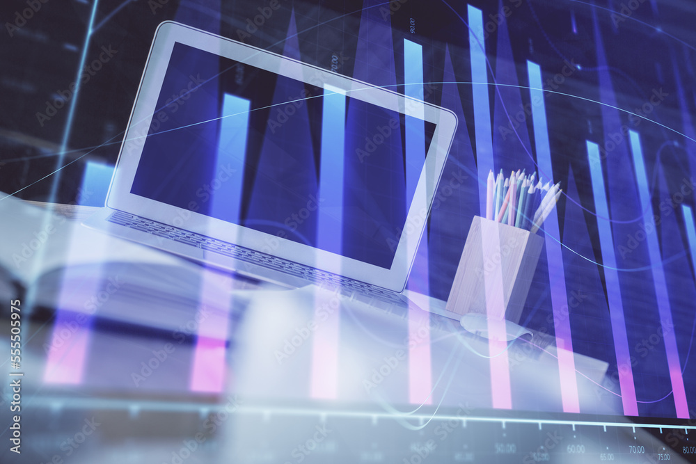 Stock market graph and table with computer background. Double exposure. Concept of financial analysis. Stock market graph and table with computer background. Double exposure. Concept of financial analysis.