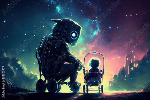 Robot babysitter together with small child in a pram walk under the night starry sky