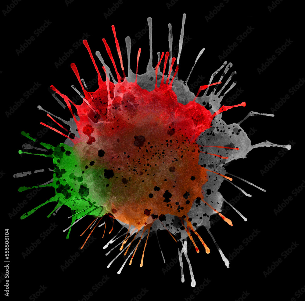 Grey, red and green watercolor blots layered on a black background. Watercolor abstract texture. Illustration. Grey, red and green watercolor blots layered on a black background. Watercolor abstract texture. Illustration.