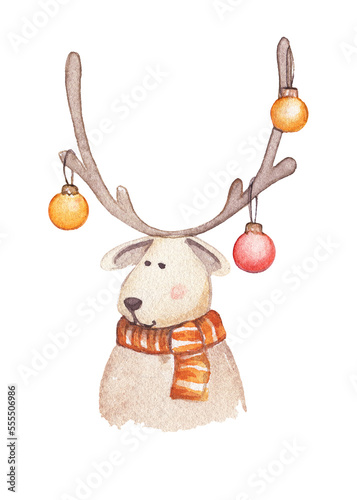 Watercolor picture of a new deer. Funny animal on a broken background.