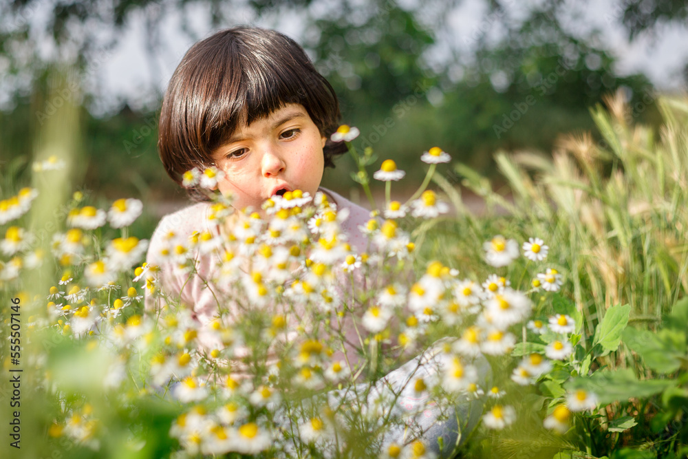 surprised girl with dark short hair in pink top watching daisies surprised girl with dark short hair in pink top watching daisies