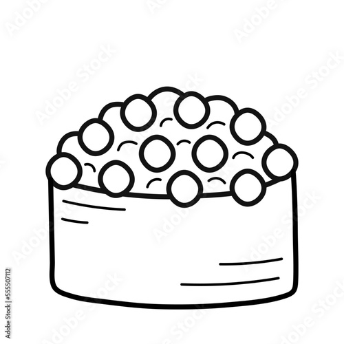 Sushi Gunkan with caviar. Red caviar, rice wrapped in nori seaweed. Traditional Japanese food. Doodle sketch style. Vector illustration isolated on white background.