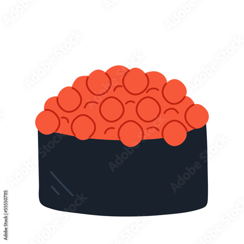 Sushi Gunkan with caviar. Roll with samon caviar, rice wrapped in nori seaweed. Traditional Japanese food. Hand-drawn colored flat vector illustration isolated on white background.
