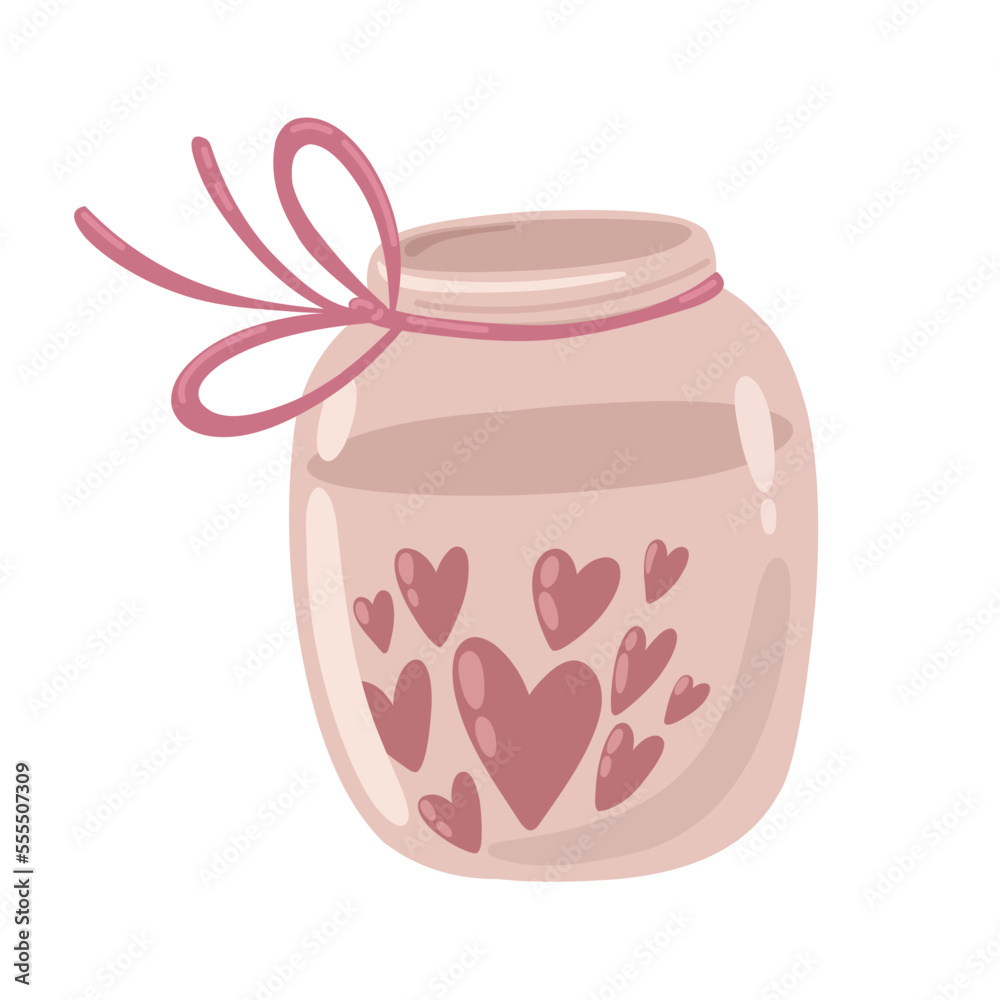 Jar with ribbon and hearts, Valentine's Day, romance. Jar with ribbon and hearts, Valentine's Day, romance.