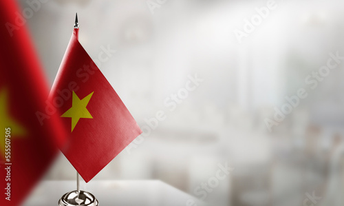 Small flags of the Vietnam on an abstract blurry background
