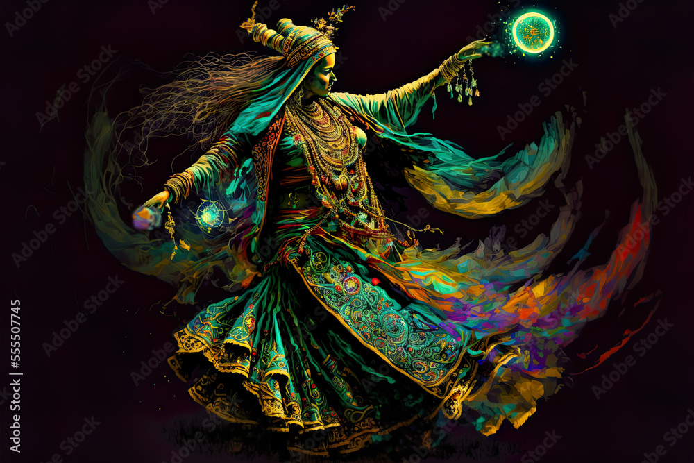 Cosmic shaman in her eternal dance, female shaman creating the world, dance and moves creating the spirit world, spirituality, shamanism, spirits, cosmos, universe, illustration, generated art