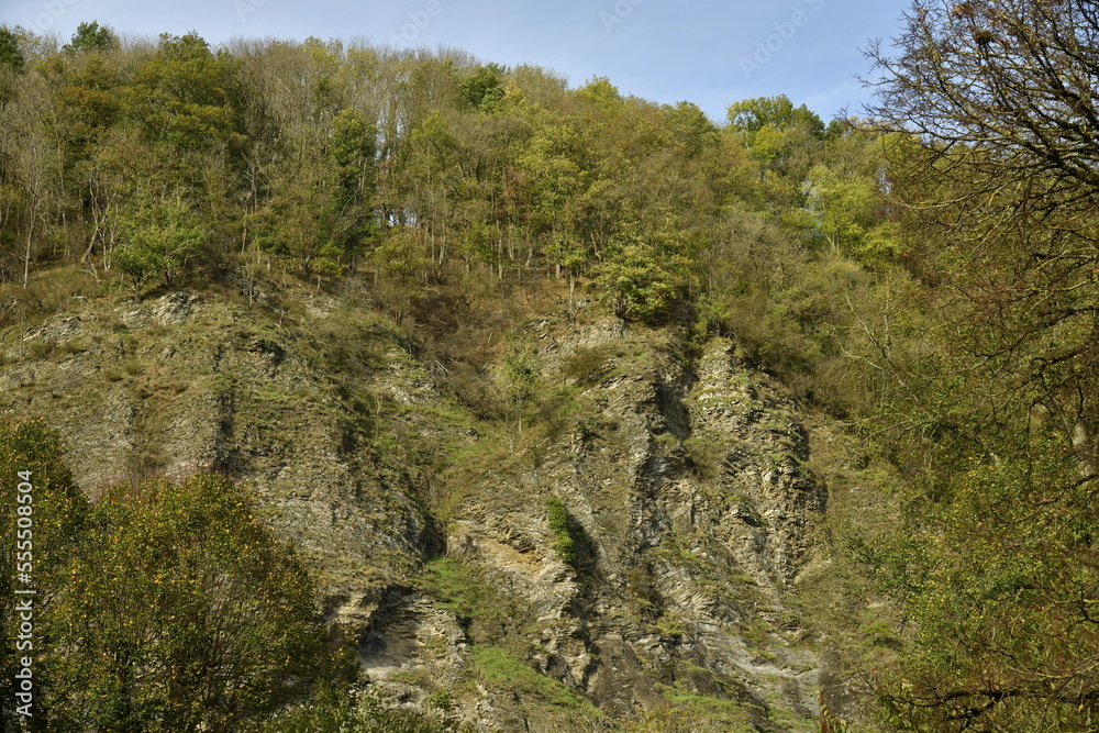 Les pans de rochers en granit gris issues des anciennes carrières couvertes de végétation luxuriante ,dominant la forêt et la vallée de l'Amblève à Aywaille 