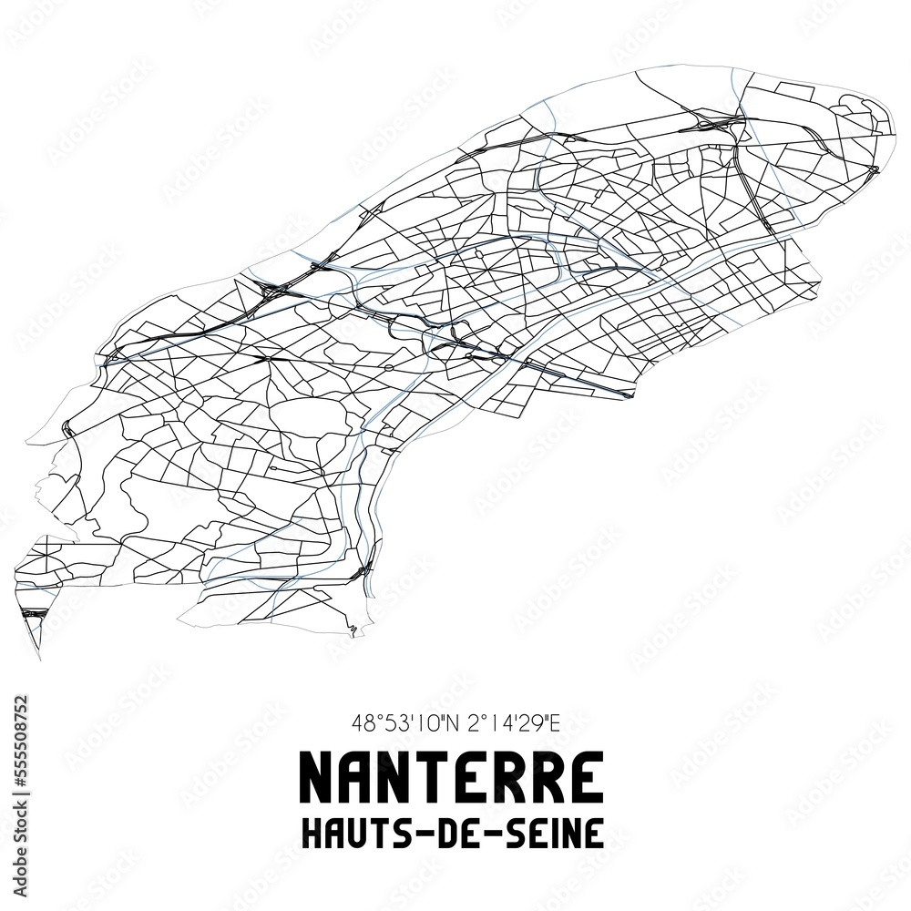 Black and white map of Nanterre, Hauts-de-Seine, France.