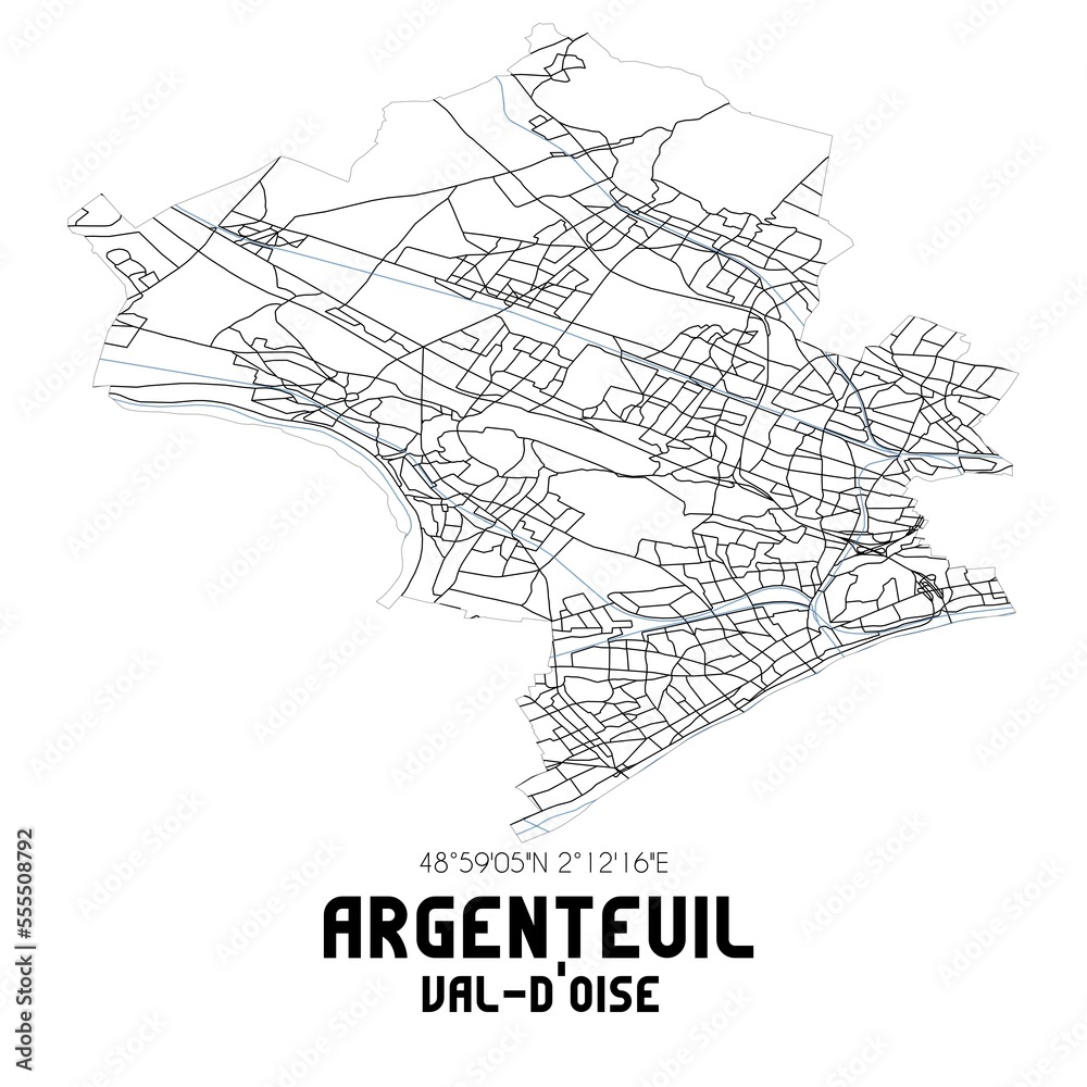 Black and white map of Argenteuil, Val-d'Oise, France.