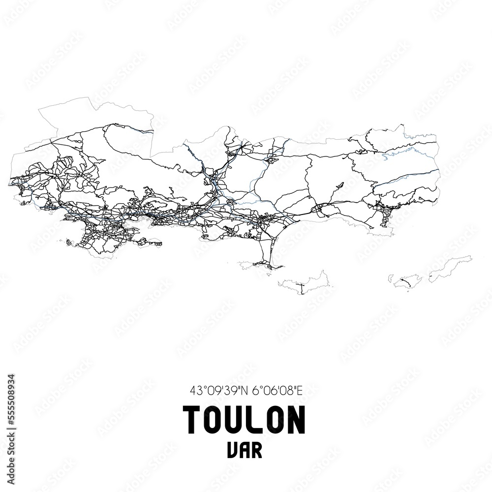 Black and white map of Toulon, Var, France.