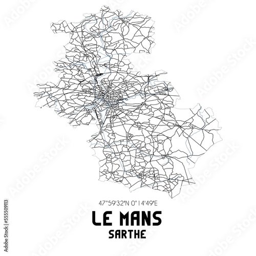 Black and white map of Le Mans, Sarthe, France.
