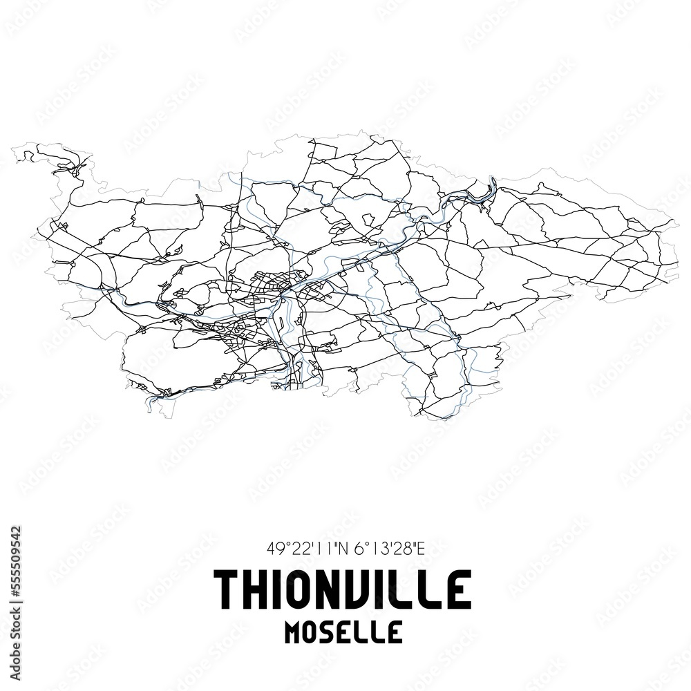 Black and white map of Thionville, Moselle, France. Black and white map of Thionville, Moselle, France.