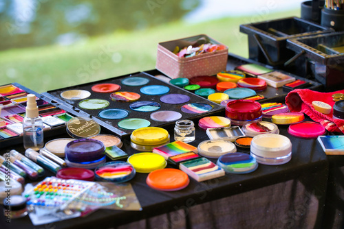 make up brushes fantasy, festival, funny, masquerade, visage, education, color, kid, table, artist, colorful