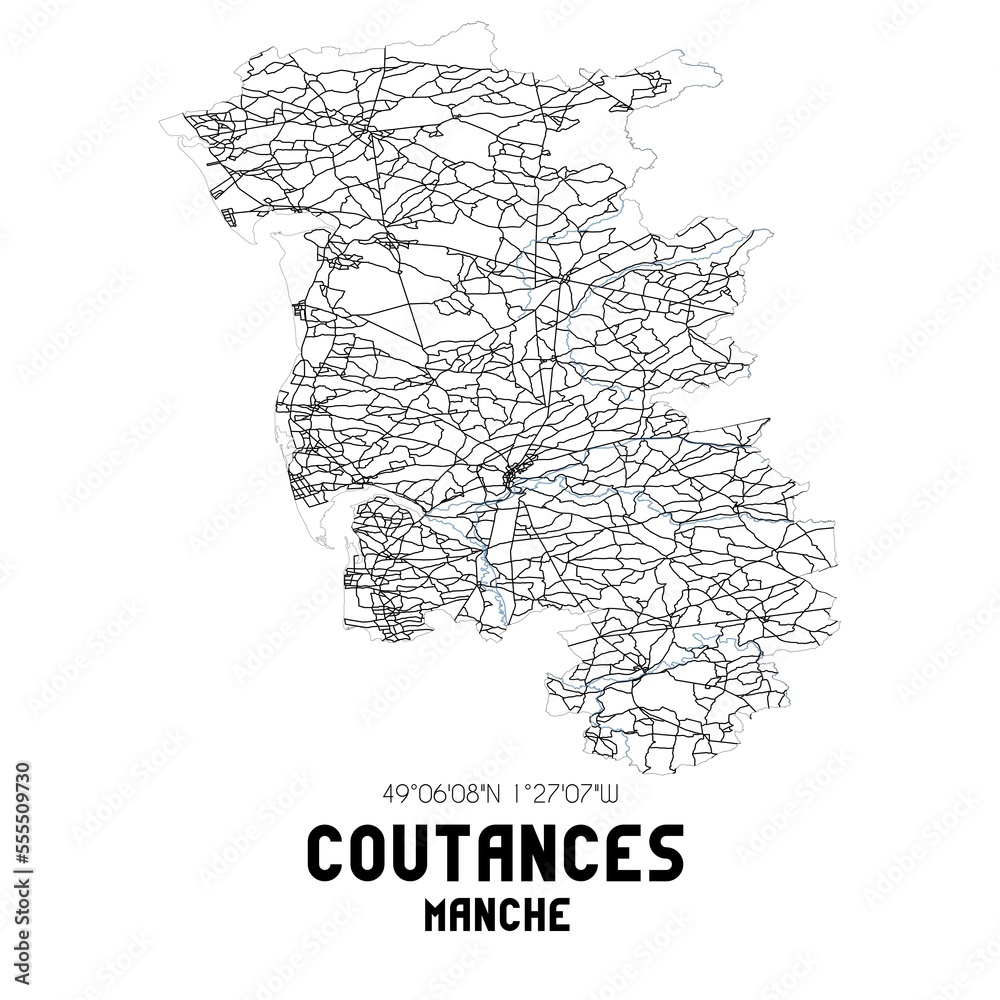 Black and white map of Coutances, Manche, France.