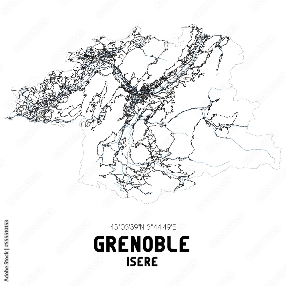 Black and white map of Grenoble, Is�re, France. Black and white map of Grenoble, Is�re, France.