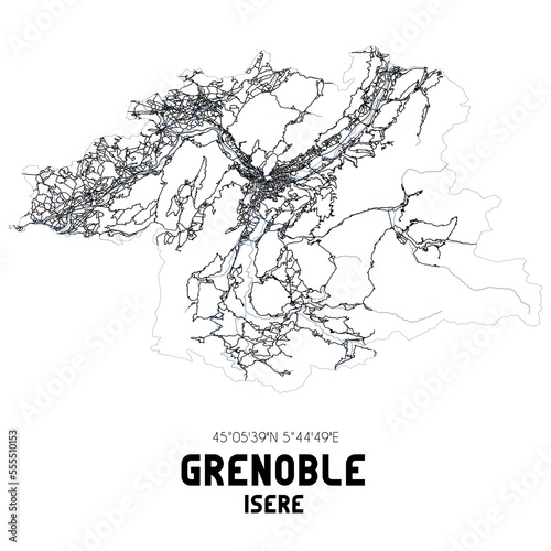Black and white map of Grenoble, Is�re, France.