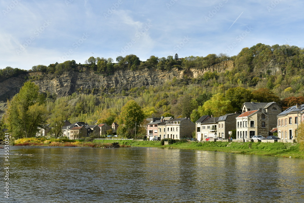 Fototapeta premium L' Amblève traversant une zone bucolique le long des maisons dans une vallée verdoyante à Remouchamp 