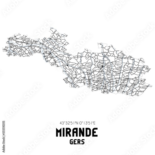 Black and white map of Mirande, Gers, France.