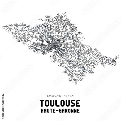 Black and white map of Toulouse, Haute-Garonne, France.
