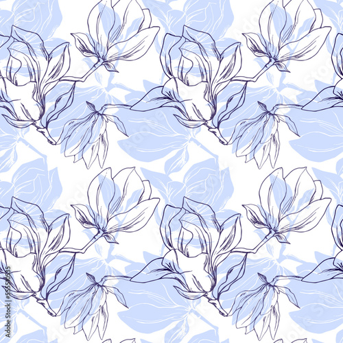 Drawn magnolias seamless pattern. Magnolia silhouette on a white background. Vector floral print. Home textiles. Spring. Flowering trees. ink. Sketch.
