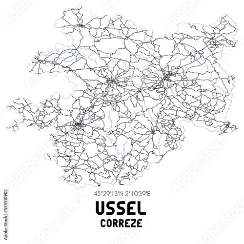 Black and white map of Ussel, Corr�ze, France.