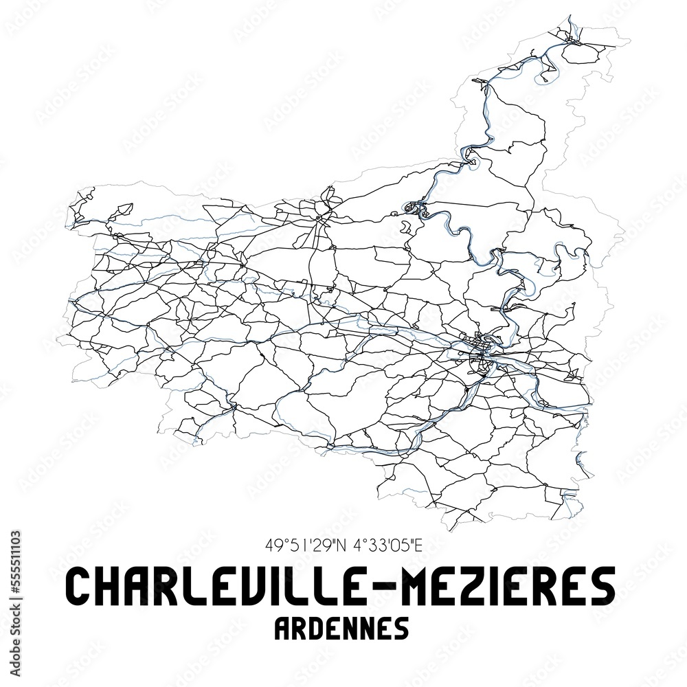 Black and white map of Charleville-M�zi�res, Ardennes, France.