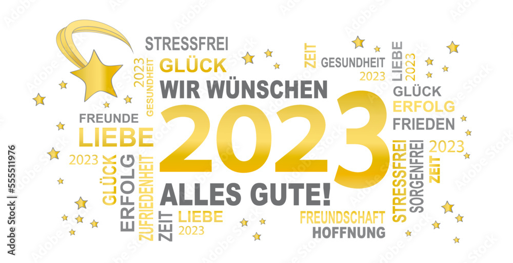 Naklejka premium gute wünsche für das neue jahr 2023 mit goldener und grauer schrift und sternen
